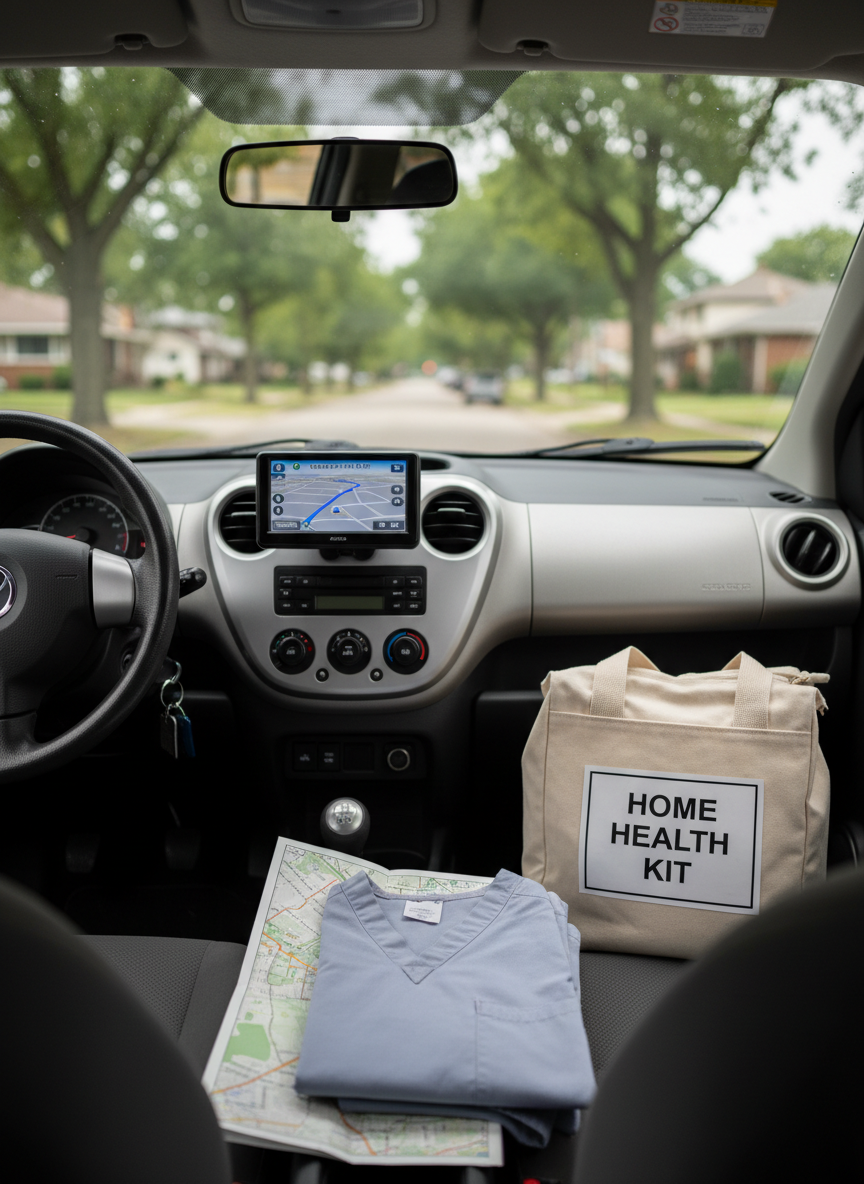 The interior of a compact, well-kept car viewed from the passenger seat, with the dashboard holding a mounted GPS device showing a softly blurred route line, and the passenger seat occupied by a folded set of light-gray scrubs, a worn city map, and a clearly labeled but generic ‘Home Health Kit’ bag with no facility logo. Outside the windshield, an unfamiliar suburban street with trees and non-distinct houses stretches ahead in gentle focus. Overcast daylight creates diffused, shadowless illumination across the scene. Photographic realism, composed from a natural seated-eye perspective with moderate depth of field. The mood is practical and quietly adventurous, portraying a travel nurse navigating to the next patient visit while getting to know a new area.