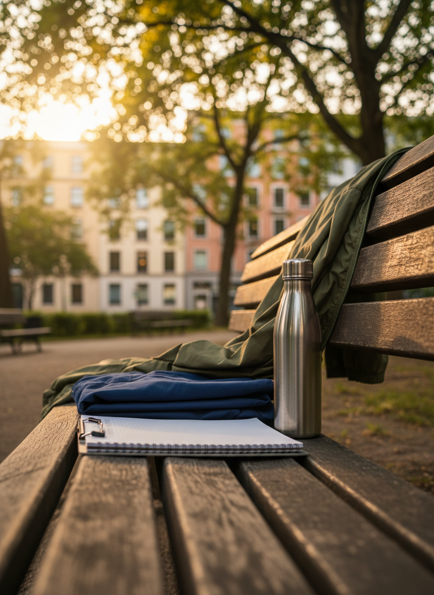 A small city park bench where a neatly folded navy scrub top and a lightweight windbreaker rest beside a closed clipboard, a blank notepad on top, and a stainless-steel water bottle. In the background, distant, non-identifiable apartment buildings and leafy trees soften into a gentle bokeh. Late golden-hour sunlight filters through the leaves, casting dappled light and warm highlights on the fabrics and metal surfaces. Photographic realism, shot from a slightly low, three-quarter angle, focusing on the bench while the city fades softly. The mood is reflective and calm, capturing a quiet break for a travel nurse exploring the neighborhood between home health patient visits in a new city.