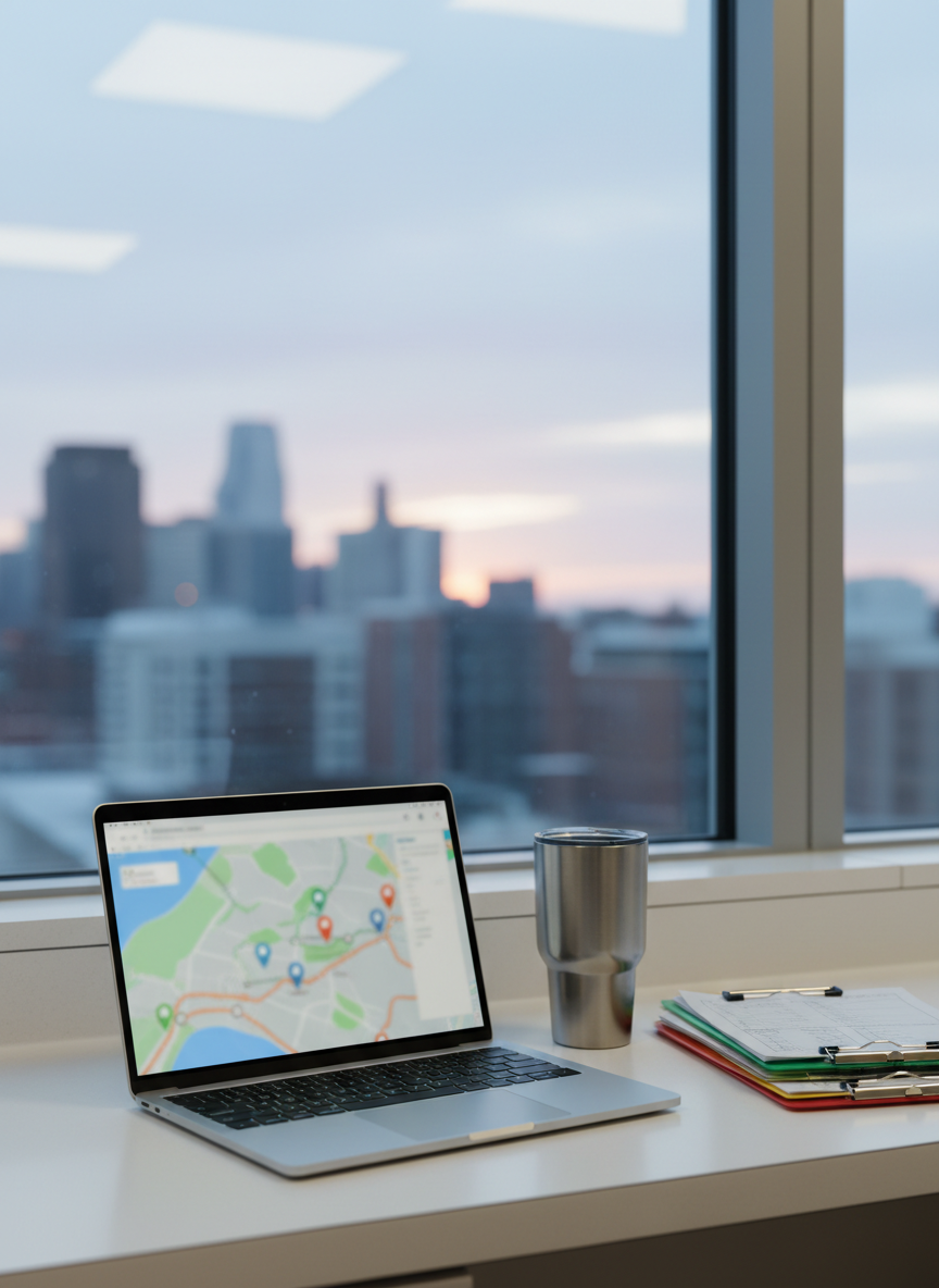 A spotless, compact workstation in a hospital break area, featuring a slim silver laptop displaying a blurred map interface, a stainless-steel travel mug, and a small stack of color-coded patient charts with all text indistinguishably out of focus. The scene is set against a large window revealing a distant, generic city skyline at dawn, with no identifiable landmarks. Cool morning light mixes with soft overhead fluorescent lighting, creating balanced, clinical illumination. Photographic realism, framed using the rule of thirds at eye level, with the laptop in sharp focus and background softly blurred. The atmosphere feels efficient and focused, suggesting a travel nurse planning the day’s patient visits and routes in an unfamiliar city.